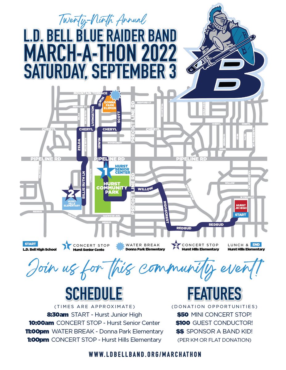 ldbellband's tweet photo. It’s almost March-a-thon time! Come see us on Saturday, September 3 as we march through the neighborhoods around Hurst JH, Donna Park Elementary and Hurst Hills Elementary. You can even guest conduct the band! https://t.co/CQN3OVfTof
