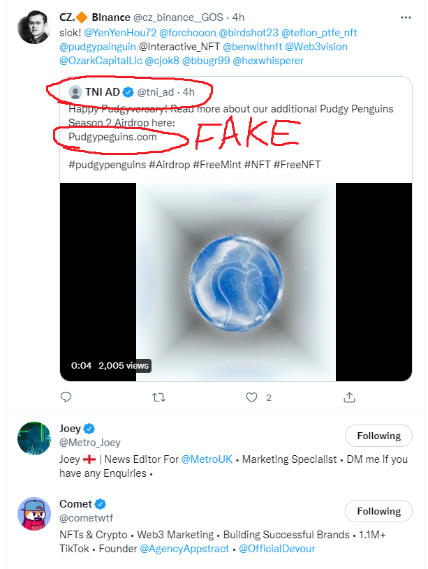 LittlePudgy's tweet photo. C'mon guys, you really gonna like a mass-tagged post that promotes a @pudgypenguins phishing scam? 

Is this ignorance, or on purpose @Metro_Joey @cometwtf ?

Be better. 

Thanks for coming to my ted talk https://t.co/JWBCC5TqfN