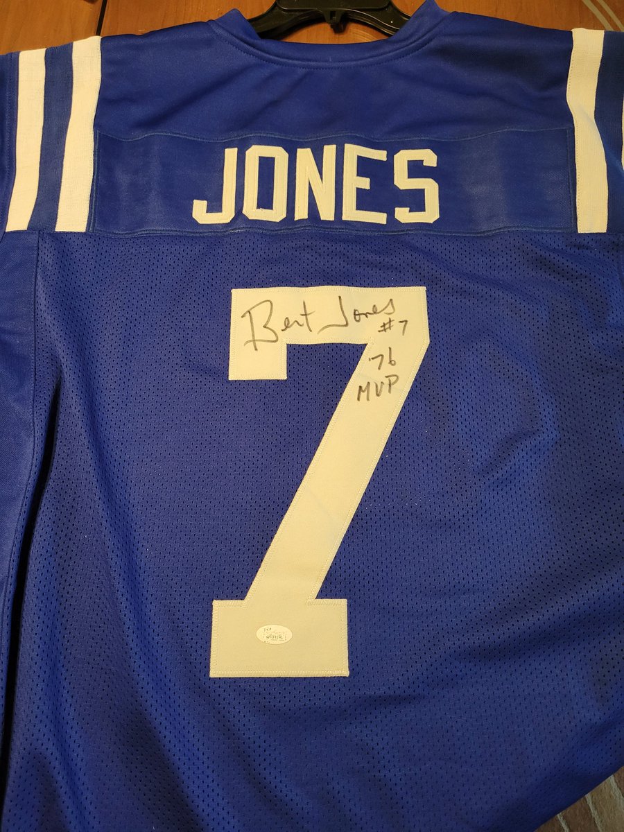 OrdinaryMan1776's tweet photo. As promised for #TBT, my Baltimore Colts home jersey signed by none other than the #RustonRifle himself, 1976 NFL MVP Bert Jones. Guy had a howitzer for an arm, but played like a linebacker which shortened his career. @yinzer_g @JimmyDee4444 @ReBobzilla1001 @interst8forty4 😎 https://t.co/icV5OptQVn