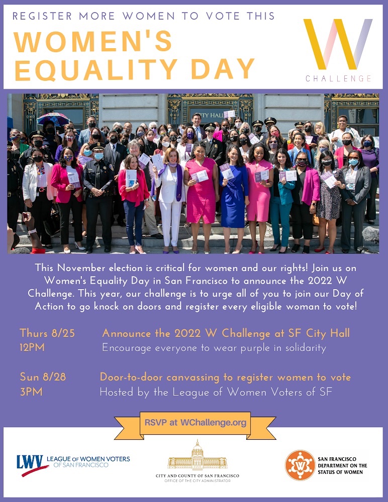LWVSF's tweet photo. Canโt join us at San Francisco City Hall for the kick off of the #WChallenge? ๐Tune into @SFGovTV for live coverage with San Francisco women leaders in government for #WomensEqualityDay and gear into action to register women to vote!๐ณ https://t.co/pWB4oRVBqz https://t.co/pqAYBwOVUb