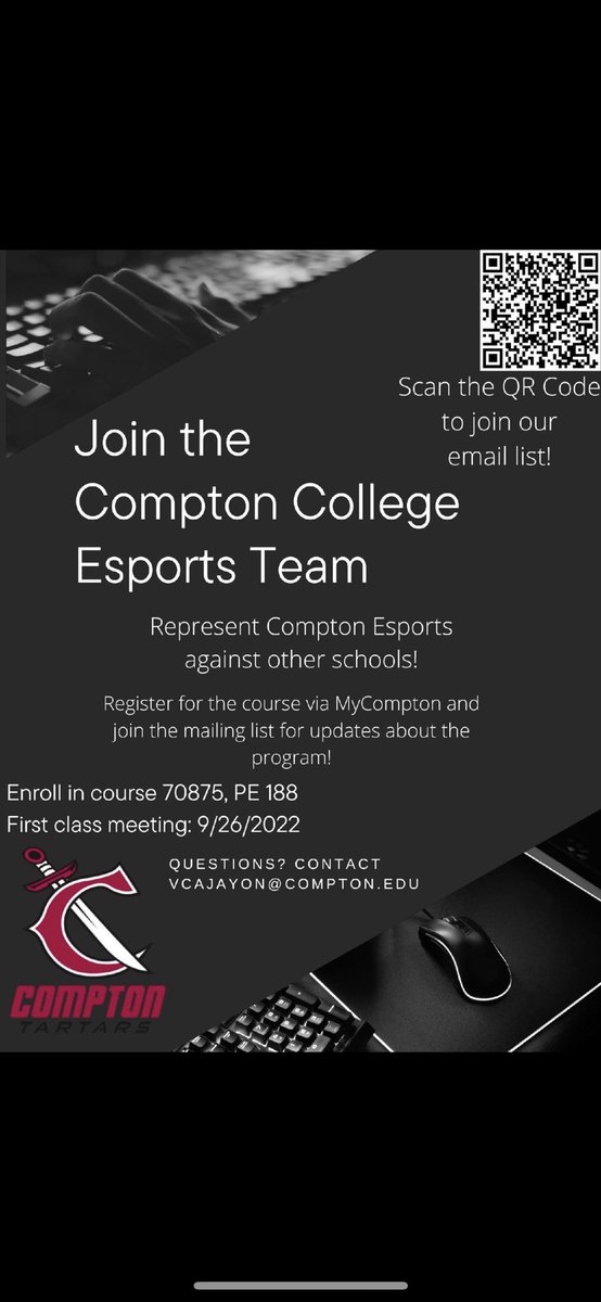 Compton_Tartars's tweet photo. Itโs welcome back week, and we know there are some gamers on campus!! We are in search of student gamers that would like to join our Esports team. #Gotartars #ESports https://t.co/oNB5dQnPAQ