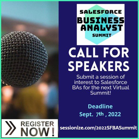 Vanessa Grant (@realvanessagrant.bsky.social) (@rlvanessagrant) on Twitter photo Hey folks! Help me and <a href="/tonivallentine/">Toni V. Martin</a> spread the word. The Salesforce Business Analyst Virtual Summit is taking place on October 7-14, 2022 and CALLING FOR SPEAKERS! Please submit your idea for a 30-minute session by Wednesday, September 7, 2022. sessionize.com/2022SFBASummit Hey folks! Help me and <a href="/tonivallentine/">Toni V. Martin</a> spread the word. The Salesforce Business Analyst Virtual Summit is taking place on October 7-14, 2022 and CALLING FOR SPEAKERS! Please submit your idea for a 30-minute session by Wednesday, September 7, 2022. sessionize.com/2022SFBASummit