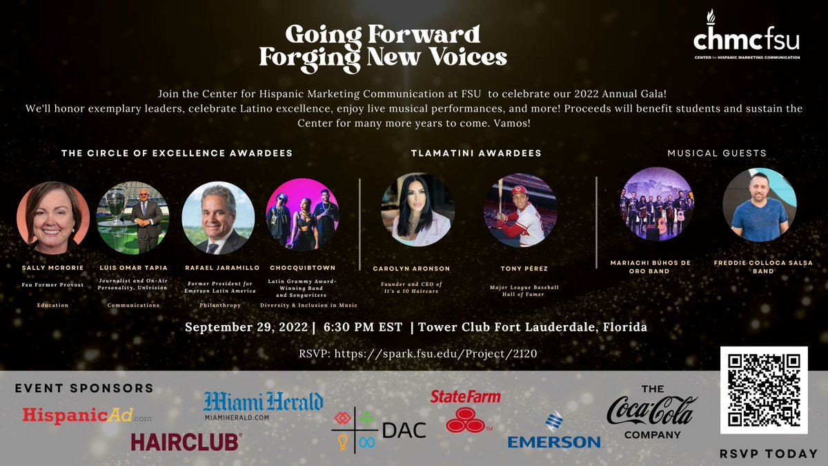 September 29th is just around the corner, so do not miss out on the CHMC Annual Gala. Join in the celebration honoring Circle of Excellence and Tlamatini awardees at 6:30 PM EST at the Tower Club, Fort Lauderdale, Florida.

RSVP: spark.fsu.edu/Project/2120

#CHMCGALA2022#FSU#SUPPORT