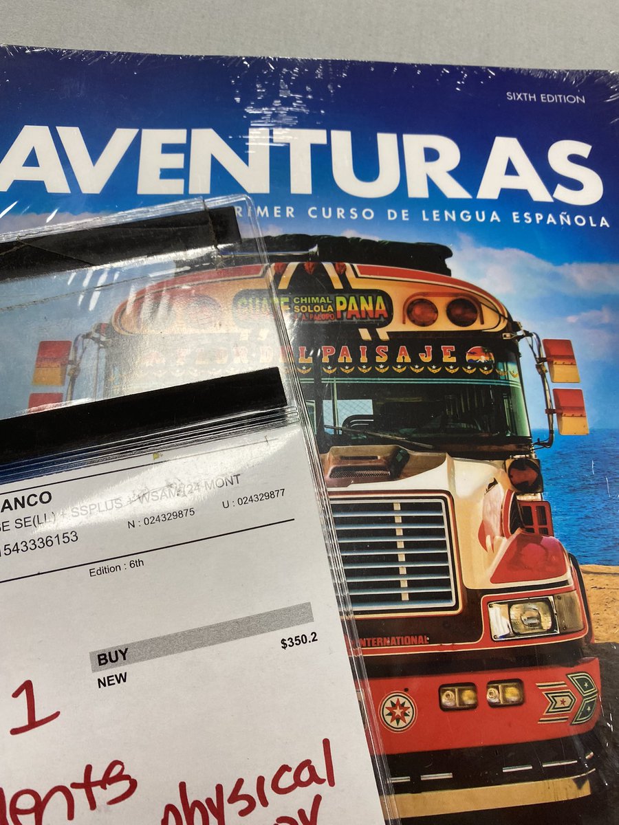micahmckinnie's tweet photo. Most expensive book in the MWSU bookstore is Aventuras sixth edition! #mcom2243 #smile2243 @bradleywilson09 https://t.co/QejaIaaN2f