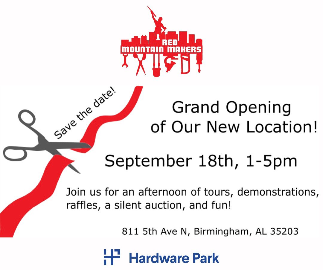 Come to Red Mountain Makers Grand
Opening Event! Come see the new Red Mountain Makers location at
Hardware Park and learn about everything we have
to offer!

Facebook Event: fb.me/e/2SS5sLy4m
RSVP on Eventbrite: eventbrite.com/e/403653216637