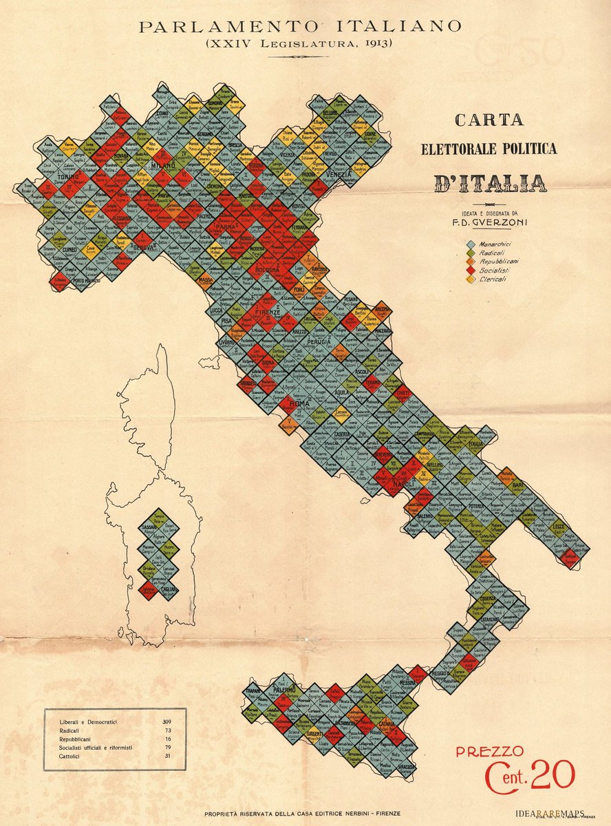 Un'Italia di monarchici e clericali, con le zone rosse più o meno negli stessi luoghi di oggi, sparuti repubblicani e un po' di radicali.
Dopo un secolo la geografia politica del paese sembra ancora attuale.