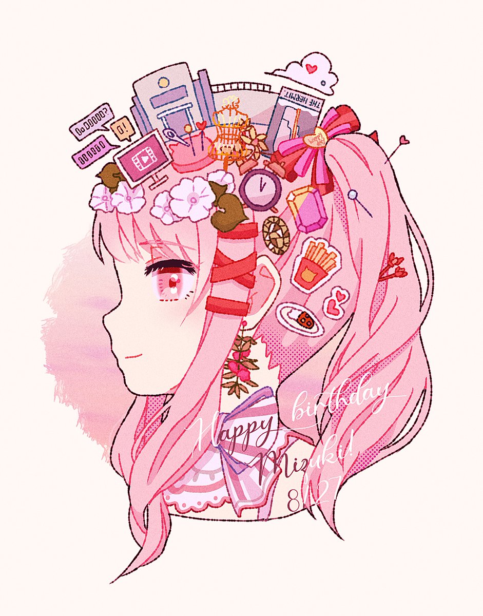 1girl pink hair solo pink eyes food ribbon smile  illustration images