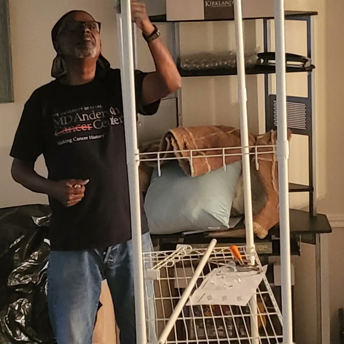 DevanFord's tweet photo. My dad, back in his element. Fixing stuff, constructing stuff, just doing... Stuff! One year ago it was much different. His shirt says it all, thank God for MD Anderson Cancer Center! I am so proud to work at MD Anderson! 
#blessed #remission #endcancer @MDAndersonNews https://t.co/cgQCicyOuM