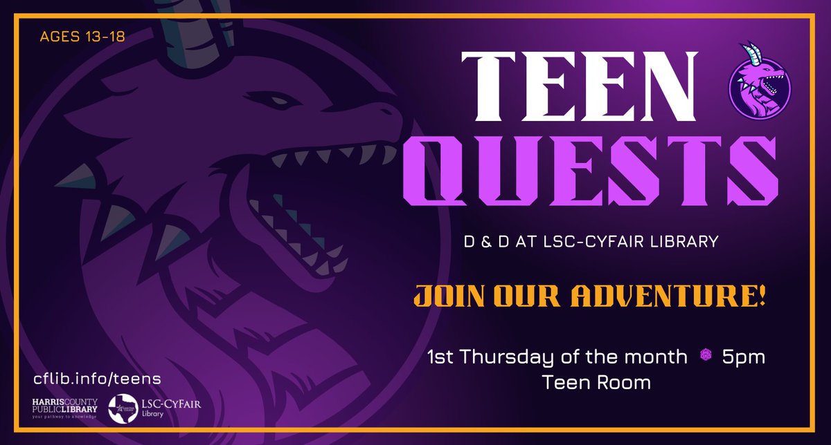 LSCCYFLibrary's tweet photo. Join us every 1st Thursday of the month at 5pm for our new Teen D&amp;D program with Librarian Brittany Smith, beginning September 1st! Never played before? Great! Come check it out! Visit https://t.co/cmxScUWkNx for more information #teendnd #harriscountypl #lsccyfairlibrary https://t.co/9F2XxkK62B