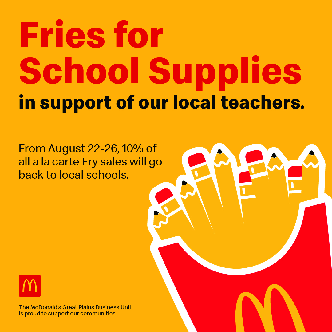 Through tomorrow, visit local <a href="/McDonalds/">McDonald's</a> &amp; order fries (a la carte)  to benefit the <a href="/NKCEdFoundation/">NKC Schools Education Foundation</a> school supply drive:

🍟 150 NW Barry Rd  🍟 9551 McGee St 🍟 6305 N Antioch Rd 🍟 6300 N Oak Trfy 🍟 4400 NE Chouteau Trfy 🍟 2200 Vernon St 🍟 290 E 69 Hwy