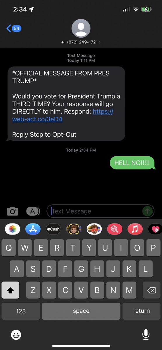 Received this text today and my response in GREEN