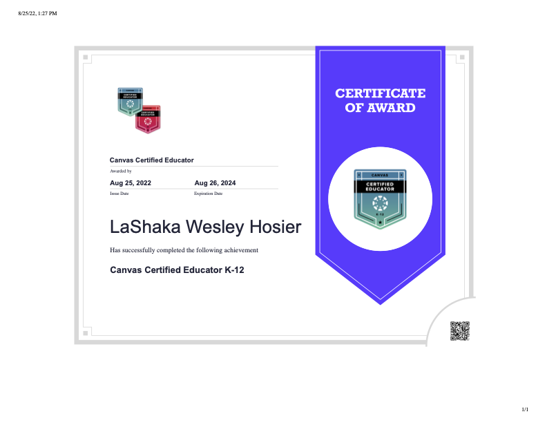 It's official, I am a Canvas Certified Educator! I learned so much & can't wait to share all my newly gained knowledge with the staff in GISD. @Canvas_by_Inst   
#ontothenextone #lifelonglearner #getonmylevel #imcertifiable #growthmindset #professionaldevelopment #edtech