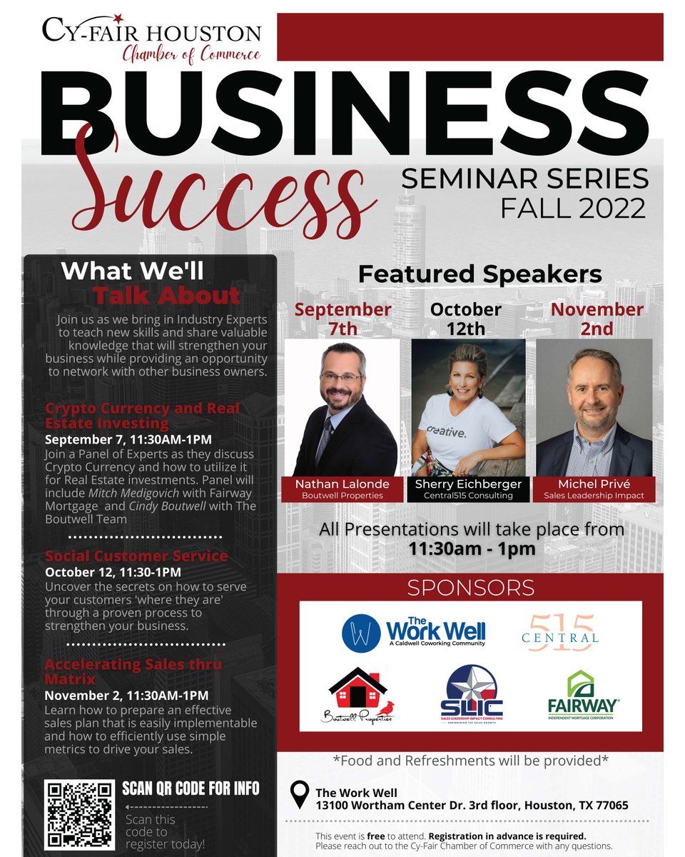 WorkWellHouston's tweet photo. The Business Success Seminar Series is coming back to The Work Well! We have three speakers lined up for the fall to help you strengthen your business and provide opportunities to network with other business owners! Join us from 11:30-1:00. Food and refreshments will be provided! https://t.co/HPvipdx8LN