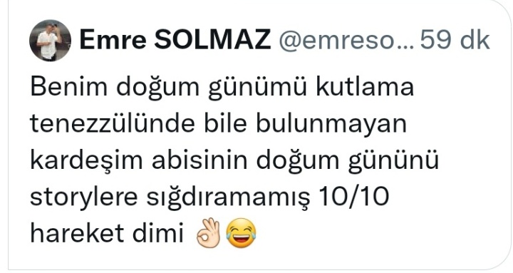 Magazintwtt's tweet photo. Cemre'nin, menajeri Haluk Arslantaş'ın doğum gününü storyler ile kutlaması üzerine abisi böyle sitemli bir tweet atmış. https://t.co/ZrsAorHtje