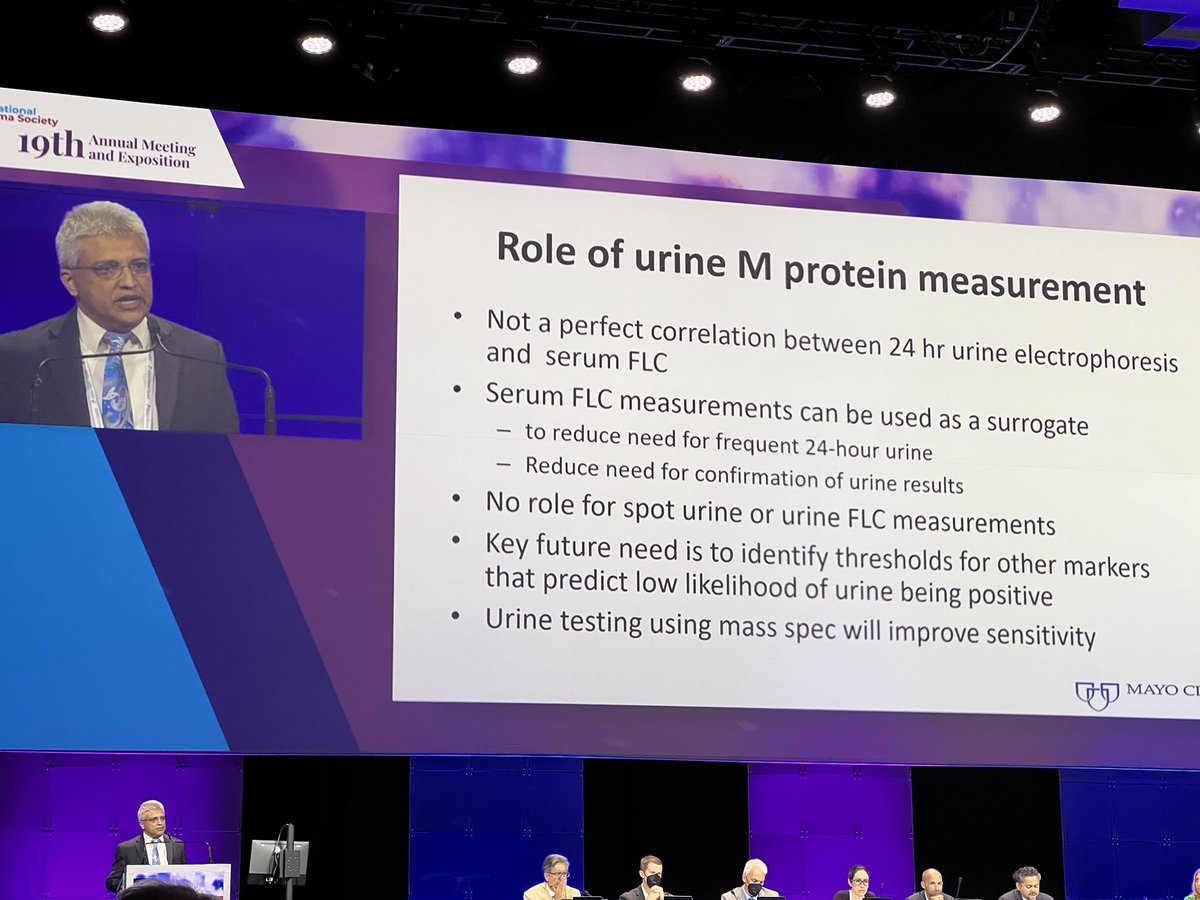 Two things that myeloma patients hate the most: bone marrow biopsies and 24 hour urine collections! @myelomaMD on the current role of urine M protein in response assessment. Hope we can increasingly use PB going forward for most things! #mmsm #IMS2022