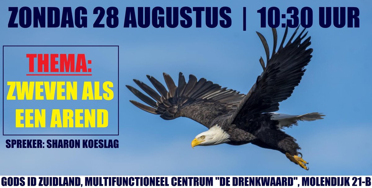 godsid1's tweet photo. Op zondag 28 augustus ben je van harte welkom om 10:30 uur bij Gods ID in Zuidland. Spreker Sharon Koeslag zal spreken over het thema: Zweven als een arend! Er is een speciaal programma aanwezig voor kinderen in de leeftijd van 4 t/m 11 jaar oud. #godsid #zuidland #kerk #welkom https://t.co/XwJnuSt702