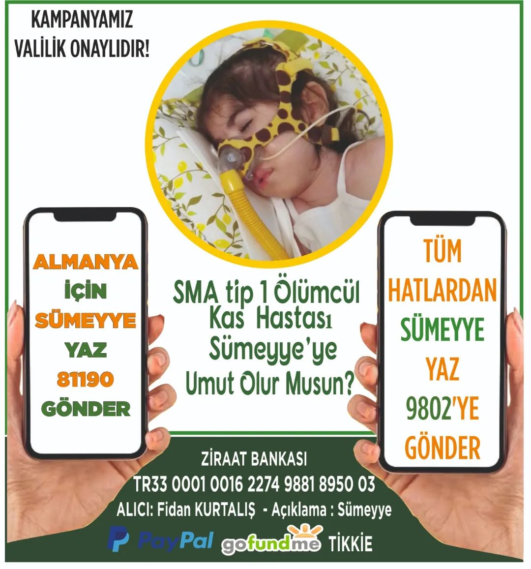 9802 sümeyye yaz gönder  10 tl 26 aydır %13 olan kampanyamızda bir sms Sümeyye'ye nefes olsun..