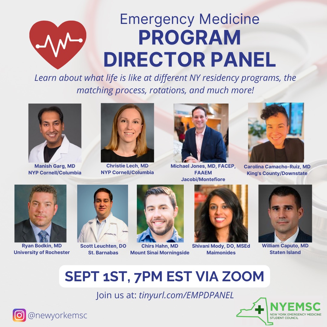 Join us Sept 1st for our EM Program Director Panel! Learn about different EM residencies in NY and the application process from PDs.

#medstudent #emergency #emergencymedicine #em #embound #emergencym #residency #emresidency #programdirector #residencypanel #residencyapplication