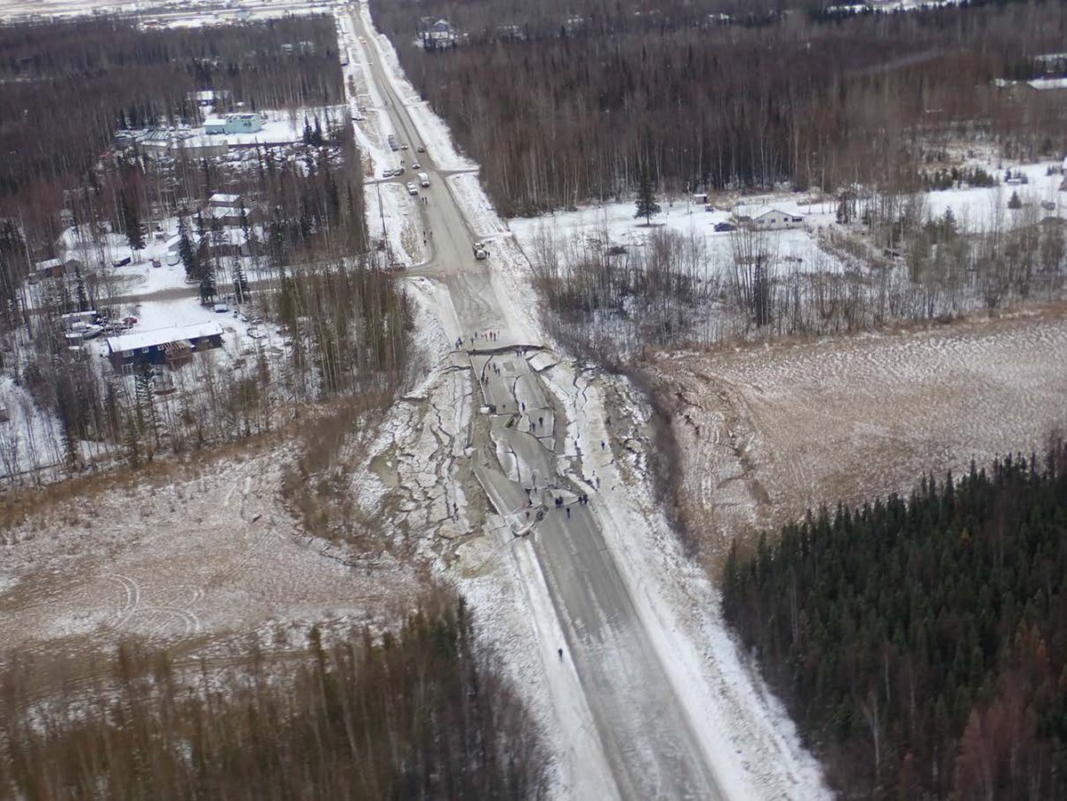 akdggs's tweet photo. #OTD in 2018 a M7.1 earthquake hit Anchorage. Luckily there were no fatalities but damage to roads, homes, schools, and other infrastructure occurred, like the damage to Vine road near Wasilla.
📷: via @USGS https://t.co/P8jHKS68ZP
