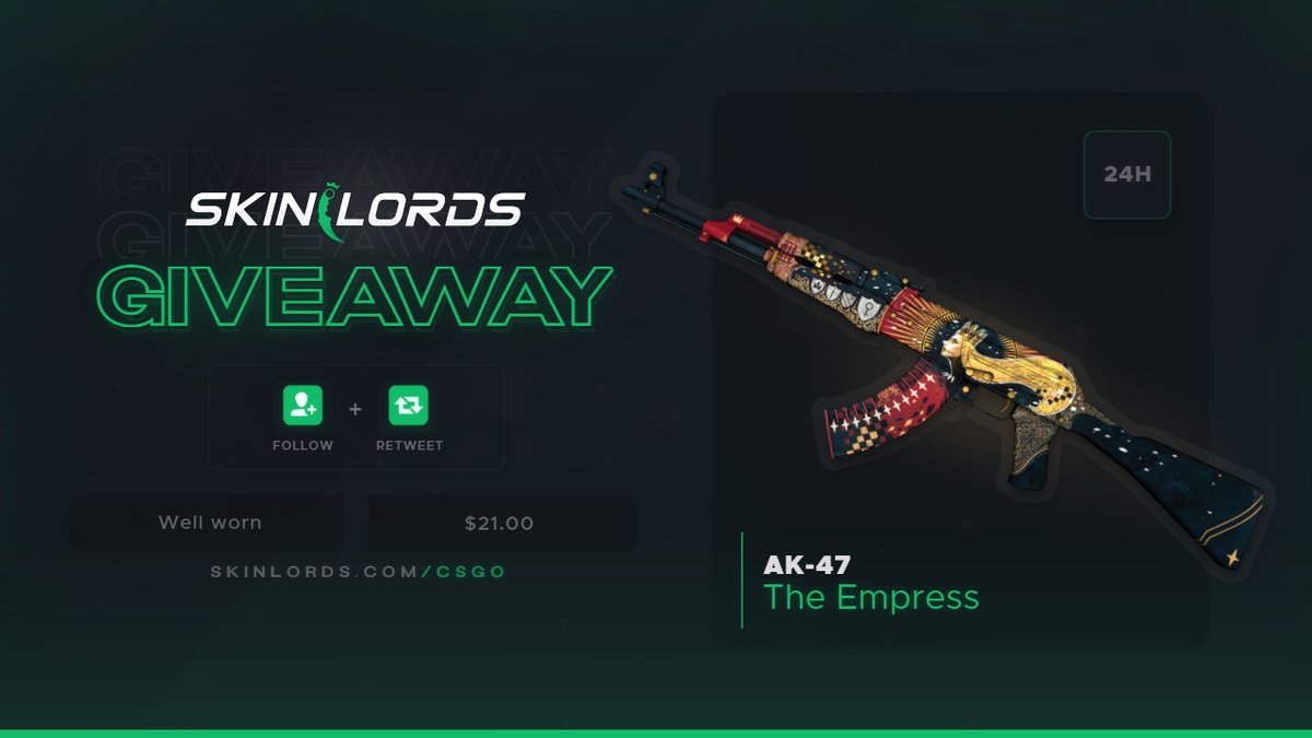 SkinLords's tweet photo. AK-47 The Empress 🎁 24H CSGO Skin Giveaway!

✅ To enter:
- Retweet and Follow us
- Tag a friend

Ends in one day! Best of luck! https://t.co/45A54CY1eR