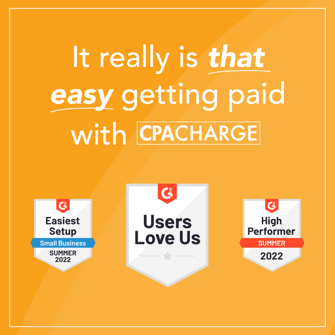 CPACharge's tweet photo. WE WON! CPACharge took home three badges from G2 for Summer 2022:
🌟 Easiest Setup for Small Business
🌟 High Performer
🌟 Users Love Us
It really is that easy getting paid with CPACharge! Get started today at https://t.co/w2sFYDkHxw
#cpacharge #taxtwitter https://t.co/tOH2t7JlMj