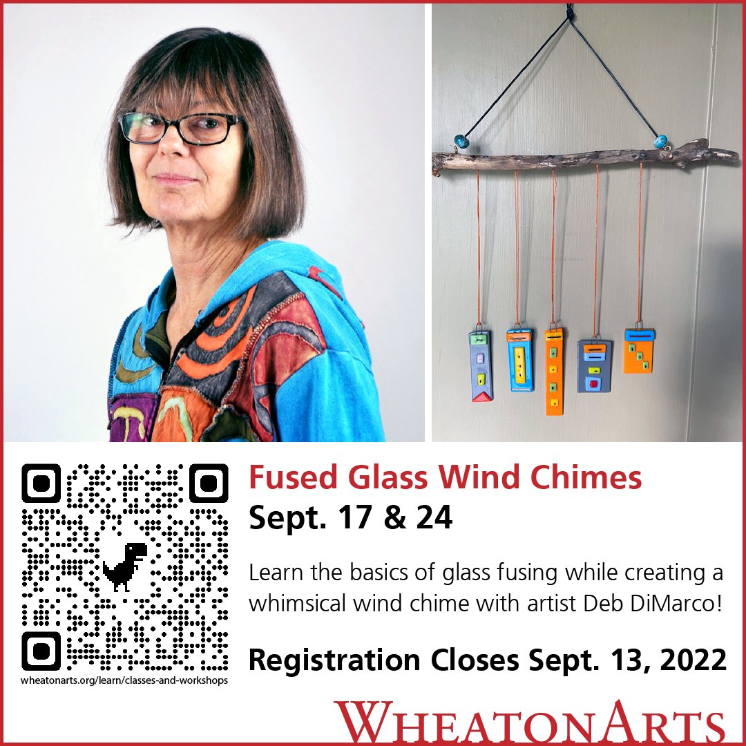 Learn the basics of #glassfusing while creating a whimsical wind chime with artist Deb DiMarco! 

Fused Glass Wind Chimes: Saturdays, Sept. 17 &amp; 24.
Registration closes Sept. 13, 2022. 

Register today at shop.wheatonarts.org/event/fused-gl…

#WheatonArts #MillvilleNJ