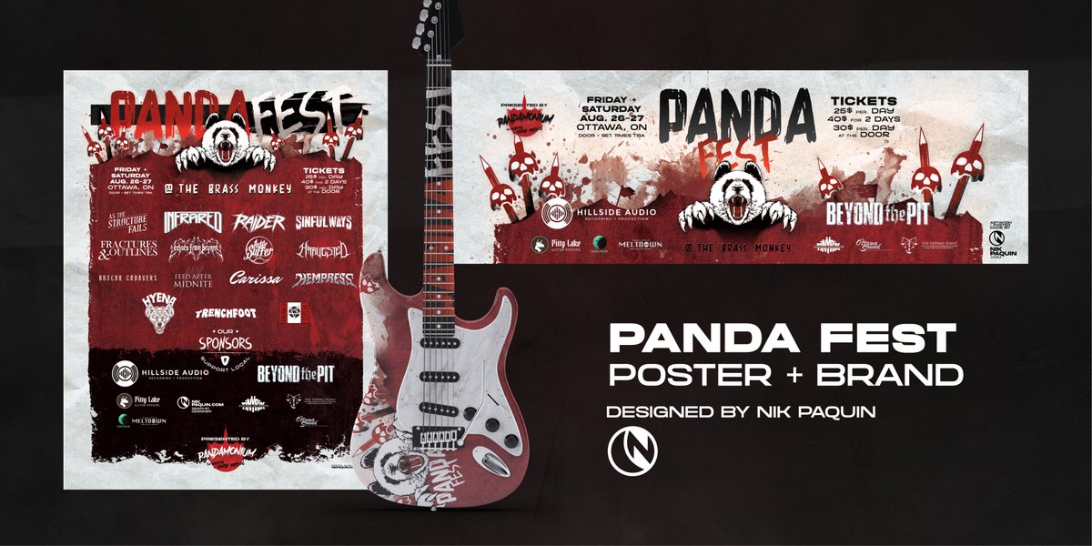 flybynightt's tweet photo. Hard to believe it's already #PandaFest time! ๐ค
I'm proud to help bring the local #Ottawa metal scene together with the Official PandaFest poster + brand!
I'll be on-site all weekend, get your tickets!๐ https://t.co/LLM650A0JE
#poster #brand #design #artwork #ottawametal https://t.co/1RIfcS7F8k