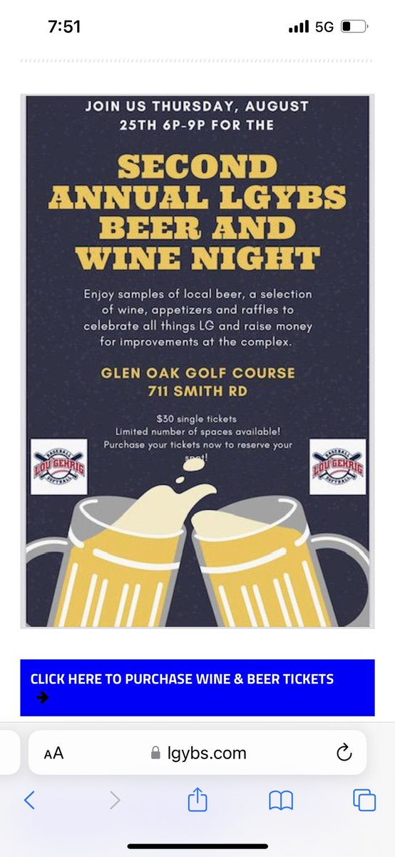 LGYBS1's tweet photo. Come Join Us Tonight for the 2nd Annual LGYBS Wine and Beer Event. Tickets can be purchased at the door.  6pm-9pm on the Glen Oak Patio. 
$30 Donation per person. https://t.co/ww384QCBbf