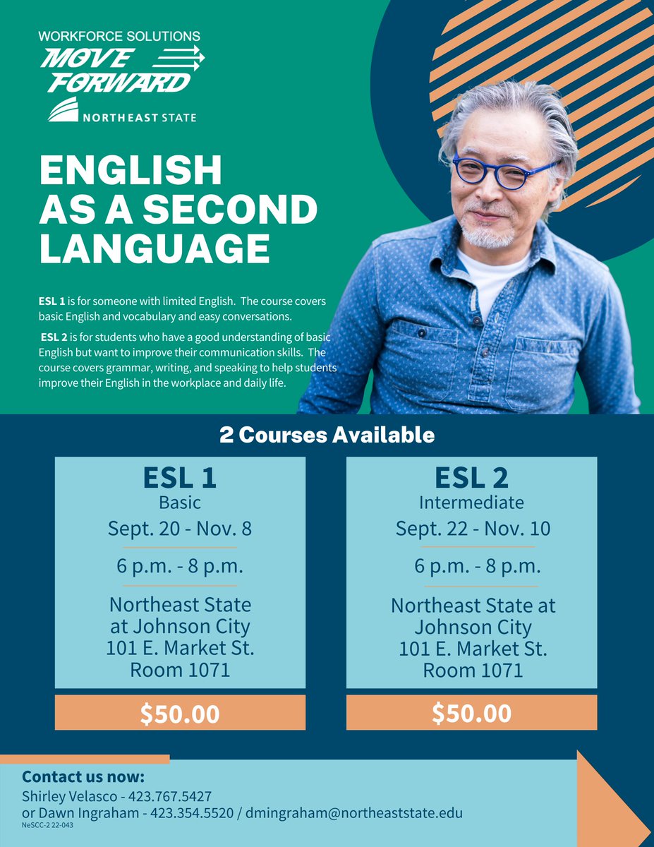 NEStateWFS's tweet photo. Upcoming English as a Second Language classes!  Level I for beginners and Level II for intermediate students.  See the flyer for more details or contact Dawn Ingraham at dmingraham@northeaststate.edu or (423) 354-5520. #englishasasecondlanguage #esl #workforcesolutions https://t.co/7KPvvLAr3b