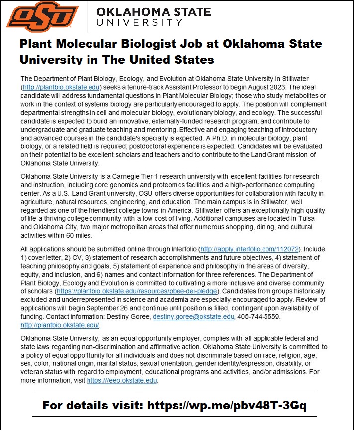 Agristok on Twitter "📌 Plant Molecular Biologist🌱🧬 Job at Oklahoma