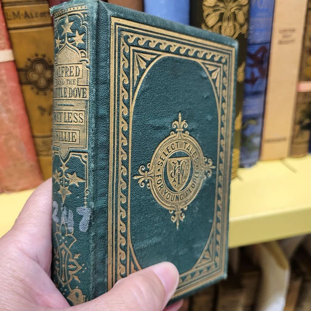 jordan_library's tweet photo. It's #greenpublishersbindingthursday! Published in 1862, the children's book Alfred and the little dove is bound in green book cloth, with a library marking visible on the spine. #publishersbinding #publishersbindings #publishersbindingthursday #children… https://t.co/VD5VfRk1DO https://t.co/lcX0gKuzUI