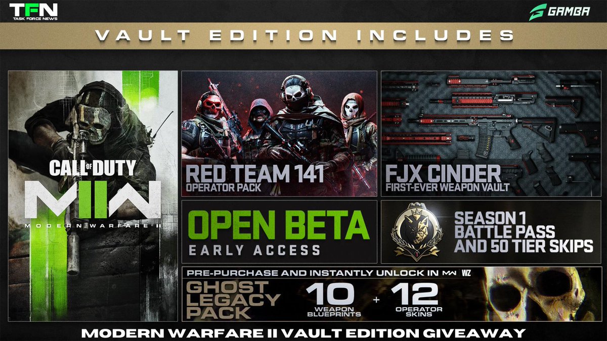TaskForceNews's tweet image. 📢 #ModernWarfareII Vault Edition Giveaway! 

To Enter: 
1⃣ Follow @Gambabit and @TaskForceNews 
2⃣ Like, Retweet, and Tag a Friend

✅Winner to be announced on September 2nd

#CallofDuty #MWII #MW2 #ModernWarfare2