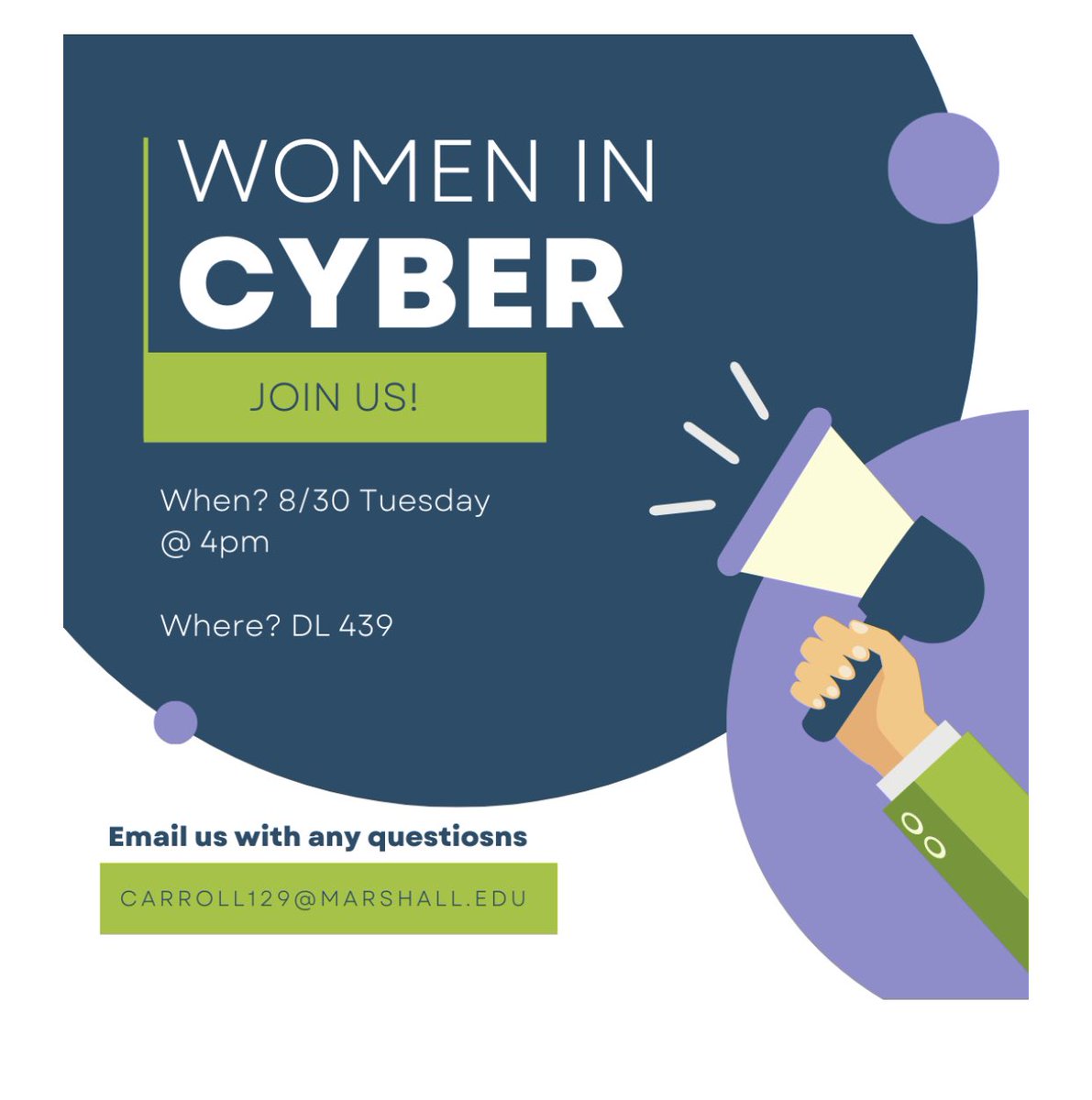 MU Cyber Forensics & Security (@marshallu_cfs) on Twitter photo .<a href="/wicys_marshallu/">Women In Cybersecurity</a> wants to invite everyone to their very first meeting this semester! Meetings will be held every other week in DL 439 at 4pm on Tuesdays, or you can join through Microsoft Teams! First meeting will be on 8/30! .<a href="/wicys_marshallu/">Women In Cybersecurity</a> wants to invite everyone to their very first meeting this semester! Meetings will be held every other week in DL 439 at 4pm on Tuesdays, or you can join through Microsoft Teams! First meeting will be on 8/30!