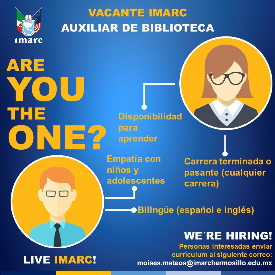 imarcmx's tweet photo. 🔵⚪🟡 Vacante Imarc: Auxiliar Bilingüe de Biblioteca 🟡⚪🔵
¡IMARC solicita auxiliar de biblioteca bilingüe en Hermosillo, Sonora!
Envíanos tu currículum al correo indicado en el post 📧 ☀️👍🏽
LIVE IMARC!
#IMARC #LiveIMARC 🌎 #Hermosillo #Vacante #AuxiliardeBiblioteca https://t.co/SLYKJi5mFl