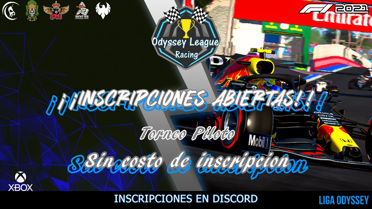 Inscripciones abiertas!!
Nos complace anunciar la #OdysseyLeagueRacing con la cual lanzamos nuestro primer torneo piloto de F1 2021 en <a href="/Xbox/">Xbox</a> , este torneo tendrá una duración de 6 semanas.
Sin costo de inscripción 
Sin premio por ser torneo piloto