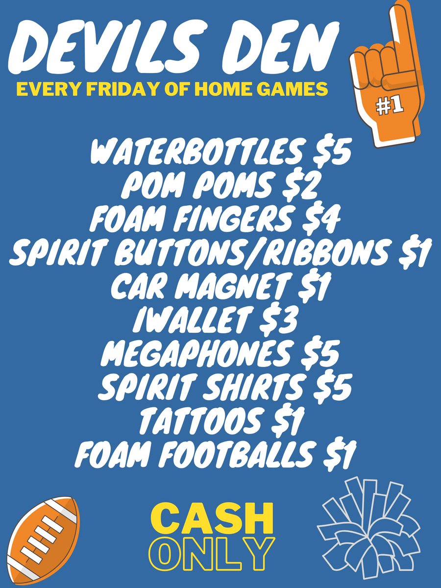 Our first Devil's Den spirit store will be tomorrow! Students can purchase  spirit items in preparation for Friday night football! ($5 spirit shirs at Devil's Den are leftover spirit shirts from previous years)