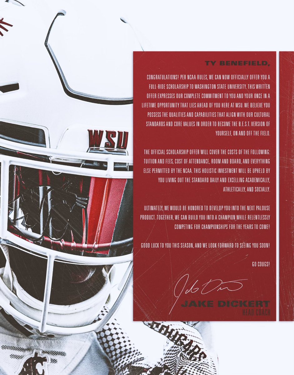 BenefieldTy's tweet photo. Blessed to receive an official offer from Washington State University. Go Cougs🤍❤️ 
@CoachMalone18 @CoachDickert @WSUCougarFB @oka_russ @coachcurtis7  @CreanFootball  @GregBiggins @adamgorney @TheMatt_V https://t.co/k41y1XYvL1