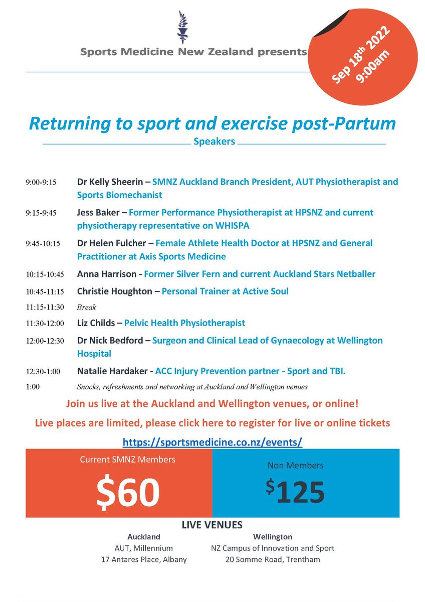 SMNZakld's tweet photo. Registrations are now open for the Returning to sport and exercise post-partum event! 
Live in both Akld &amp; Wgtn &amp; online for everyone else!
Spaces for live venues are limited so get in quick! 
https://t.co/cE91gAVUSp https://t.co/uNSQghakBy