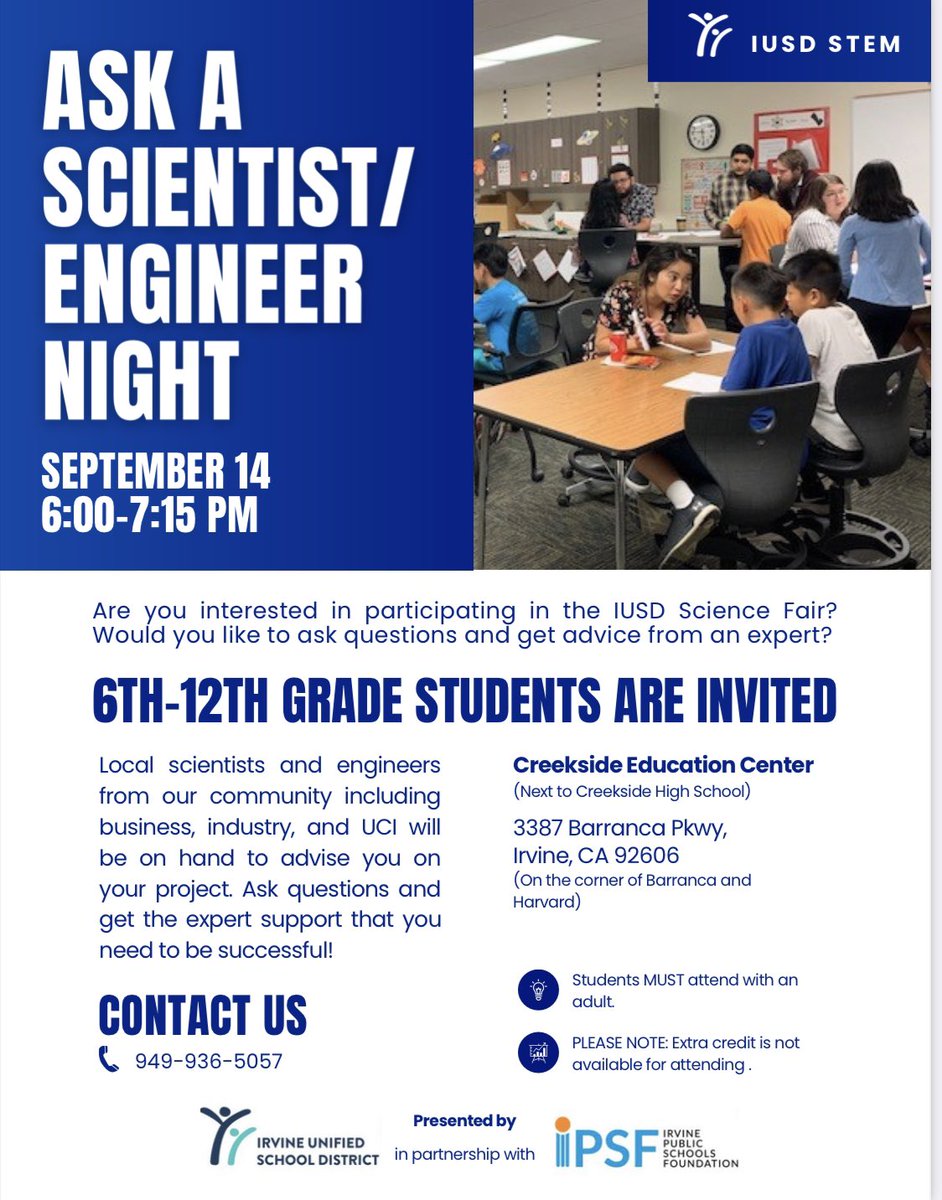 IUSD's tweet photo. This free annual event will assist students in grades 6 through 12, who are working on science fair projects.  Students will have an opportunity to talk with local scientists and engineers, along with IUSD science teachers.
 
#iusd #iusdSTEM #iusdCommunity #iusdAskaScientistNight https://t.co/OcgzSLIYYH