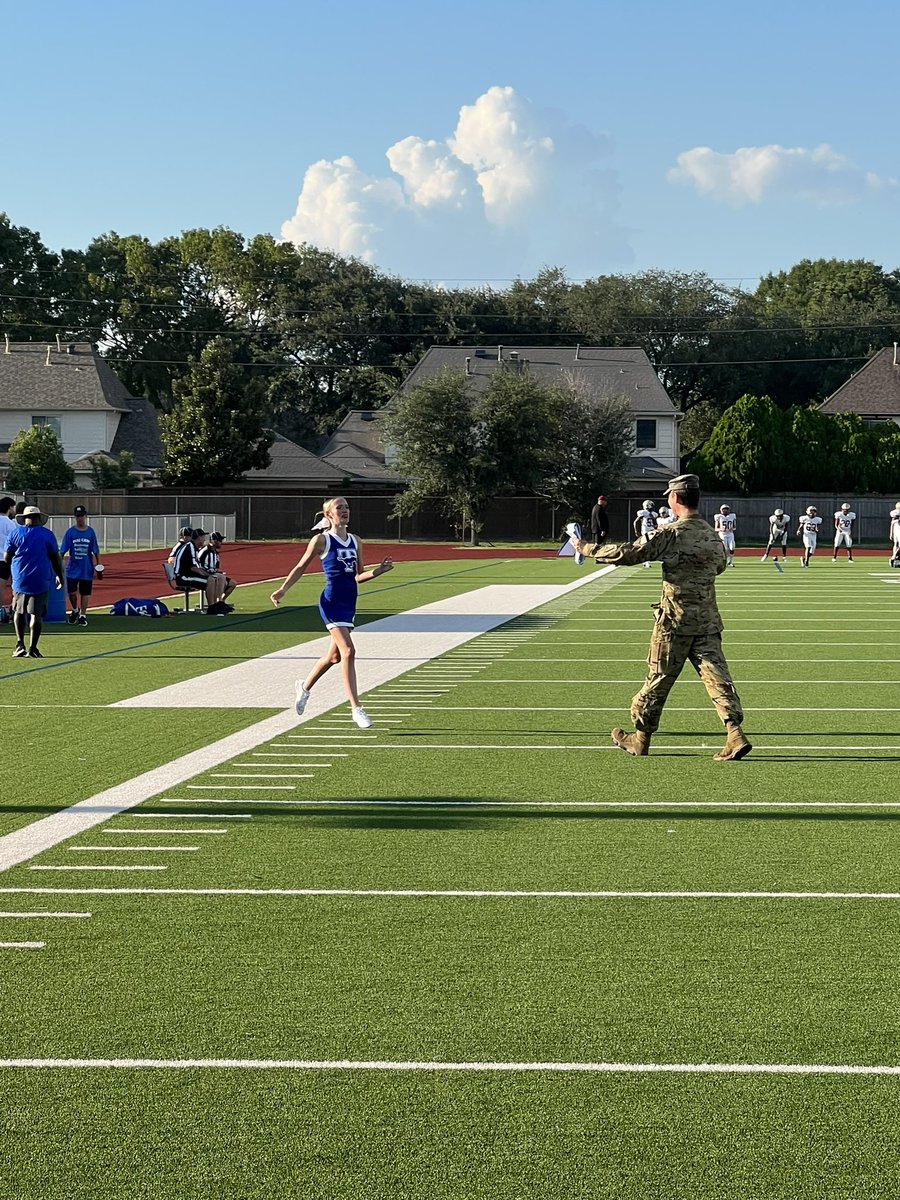 THSCheerSquads's tweet photo. Our freshman cheer team began the season with a very special reunion. Sergeant first class Joshua Searcy came home from a 9 month deployment in Eastern Europe to surprise his daughter and award her with cheerleader of the week. #taylorpride247 @THS_Mustangs https://t.co/wlkAUOWGqE
