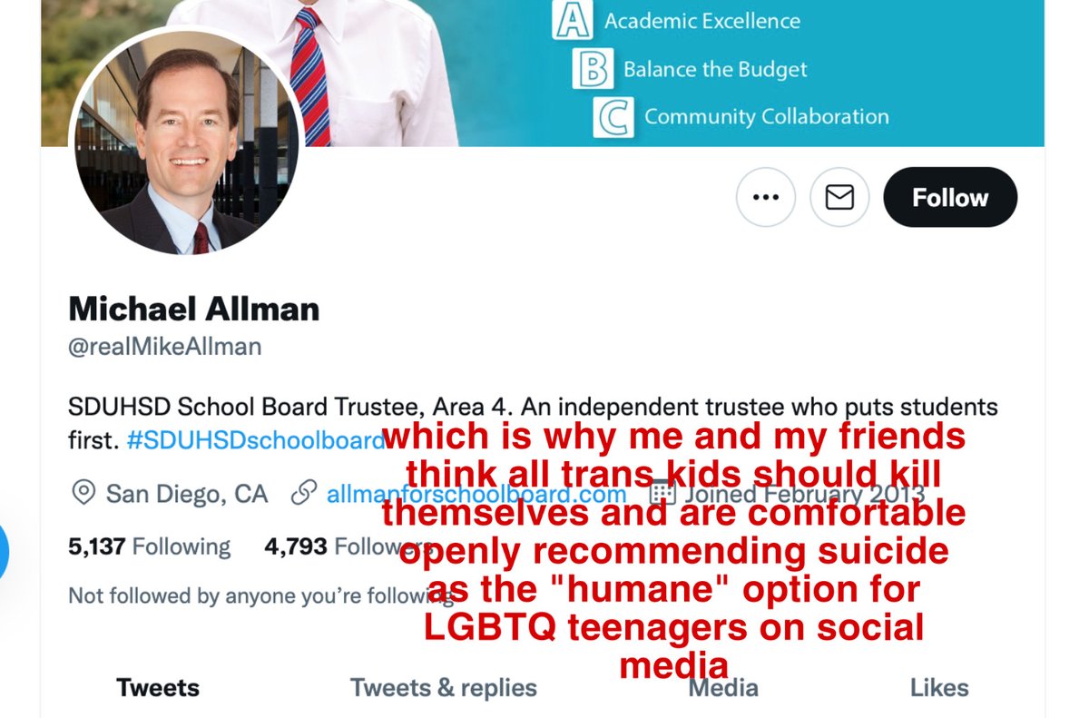 MsEntropy's tweet photo. Meet @realMikeAllman, San Diego school board trustee "puts students first" - if, by that, we mean first in his target of bigoted attacks.
I'm curious why Mike got into education, since he clearly doesn't value kids' lives (and isn't smart enough to realize Facebook is public). https://t.co/IzkCPrw3i7