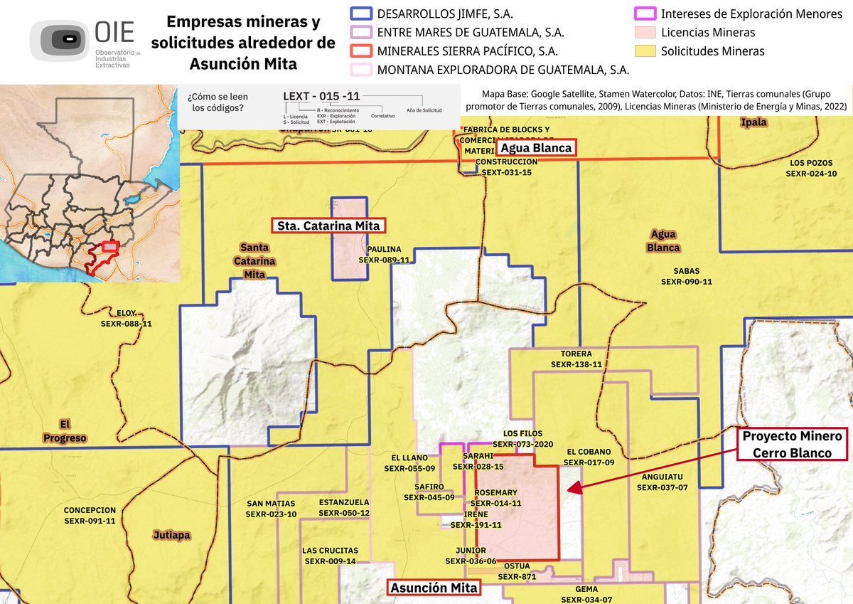 #CerroBlanco no es el único interés minero que las grandes empresas tienen en el municipio de Asunción Mita, Jutiapa: Solo en el municipio hay 12 solicitudes de exploración presentadas por Elevar Resources, la empresa que opera Cerro Blanco (antes conocida como EntreMares S.A.).
