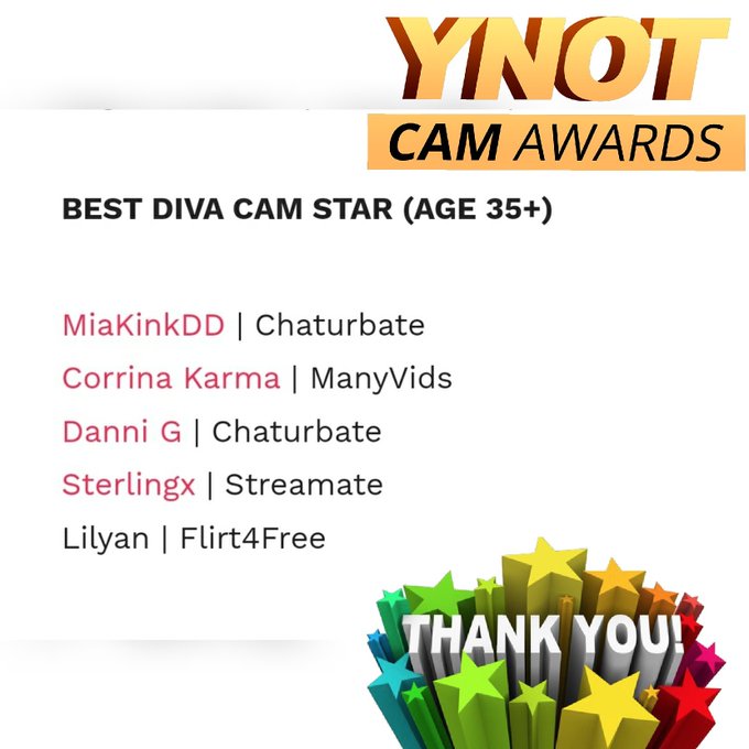 1 pic. First time nominee for a @YNOTdotcom Award!!
⭐️Best Diva Cam Star⭐️
Voting has begun and can be