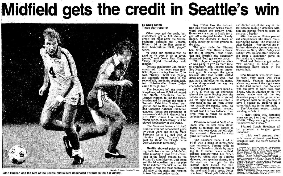 WA_Legends's tweet photo. Seattle and Toronto open what proves to be a high-scoring NASL playoff series of three games over 8 days. Sounders take a goal early, then surge in 2nd half. They travel overnight and meet again in 40 hours.  #OTD 1982 #TimeMachineSounders1982 https://t.co/2WnvoSJ0Li