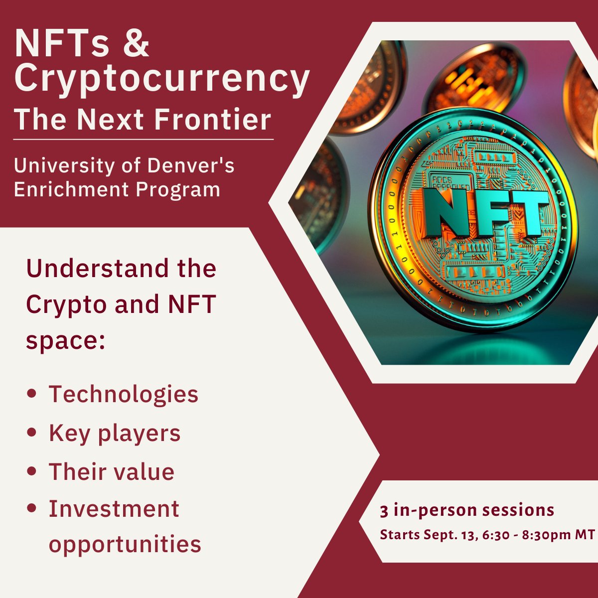 Interested in #cryptocurrency, #NFTs and how #digitalassets work? Gain knowledge of investment opportunities and potential pitfalls with the Enrichment Program and executive education specialist, David Worley. ucollege.du.edu/CryptoNFTs