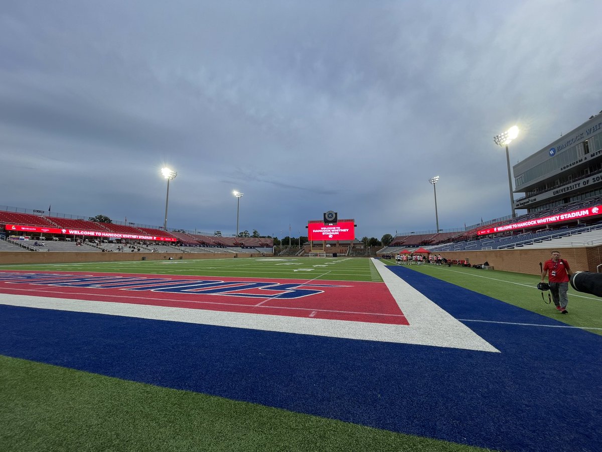 SouthAlabamaFGO's tweet photo. First home event of the fall with a twist. @SouthAlabamaSOC secondary home this weekend, Hancock Whitney Stadium. #JagNation #JsUp #OurCity https://t.co/EeQRSEGlJX