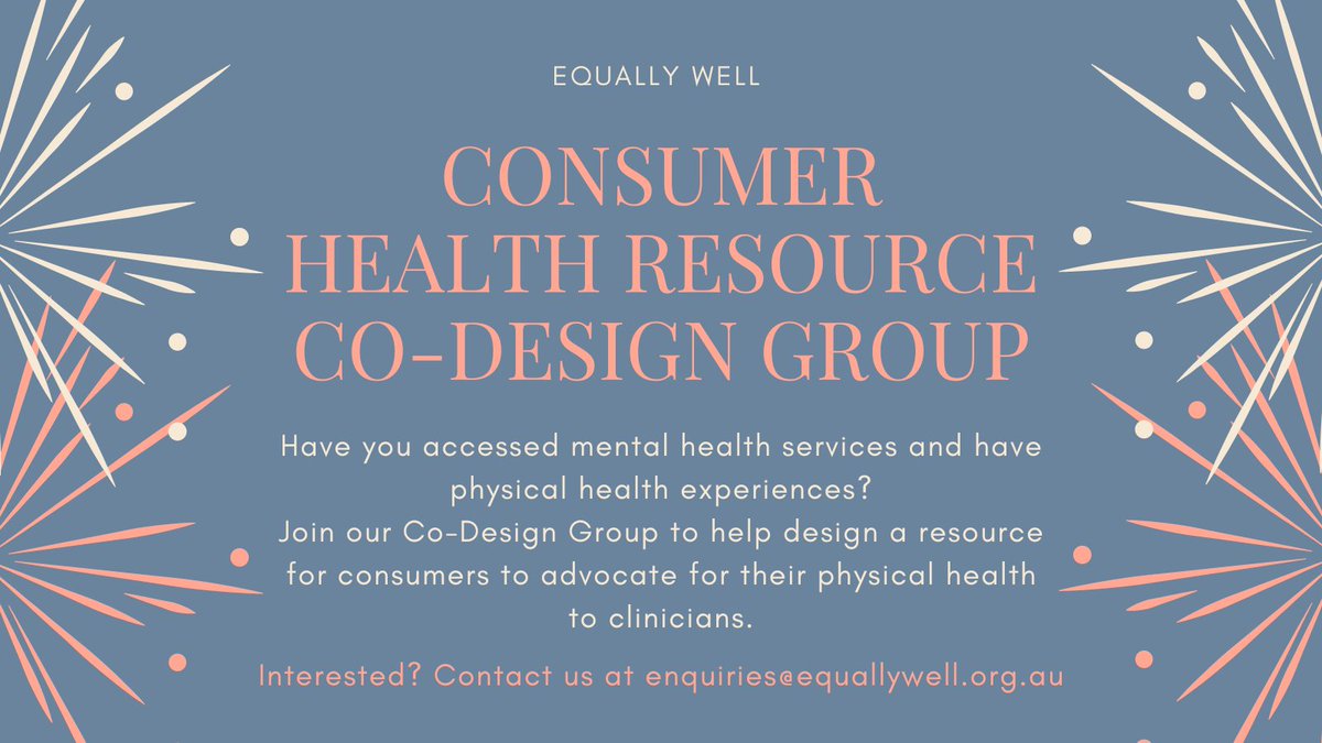 Equally Well Au (@equallywell_au) on Twitter photo We are forming a co-design group to help create a resource for consumers to advocate for their physical health. We're looking for people who have accessed mental health services and have physical health experiences to join. Interested? Contact enquiries@equallywell.org.au We are forming a co-design group to help create a resource for consumers to advocate for their physical health. We're looking for people who have accessed mental health services and have physical health experiences to join. Interested? Contact enquiries@equallywell.org.au