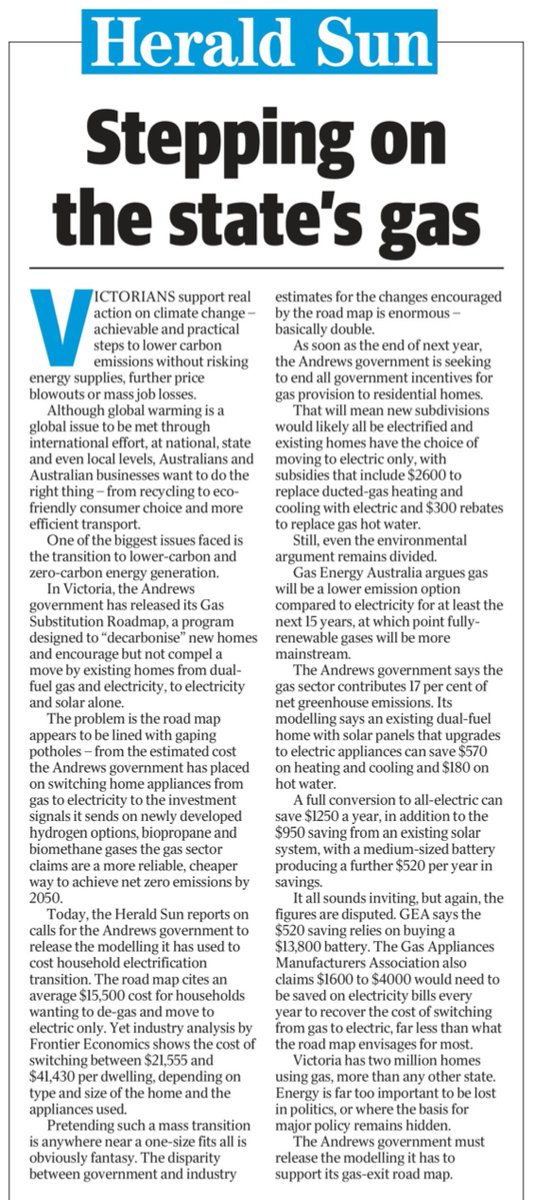 GasEnergyAust's tweet photo. Today’s Herald Sun Editorial lays out the cost discrepancies in switching to all-electric homes under the Victorian Gas Substitution Roadmap and the real-world costs associated with such a dramatic, unnecessary and hugely costly policy approach. https://t.co/KGt2bd50YQ