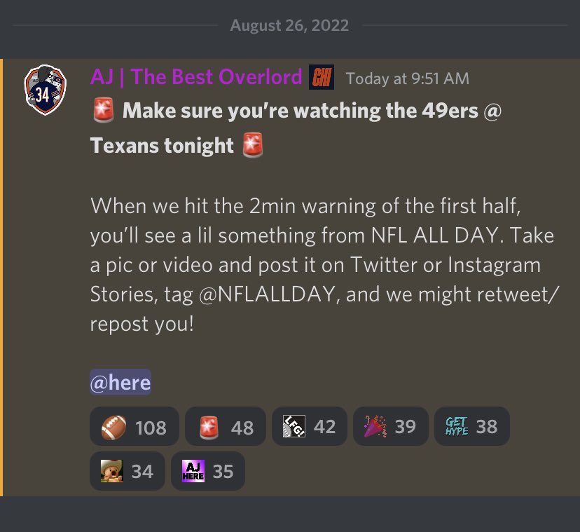 EquitiesWard's tweet photo. @AlexNFLAllDay @TeamHoldNFT @AllDayUnlimited just got the vague discord announcement: watch the 49ers last 2 mins of the first half tonight. I covered myself with an impulse buy Green Bay v SF 2 min drill https://t.co/zOYZJSkVVR