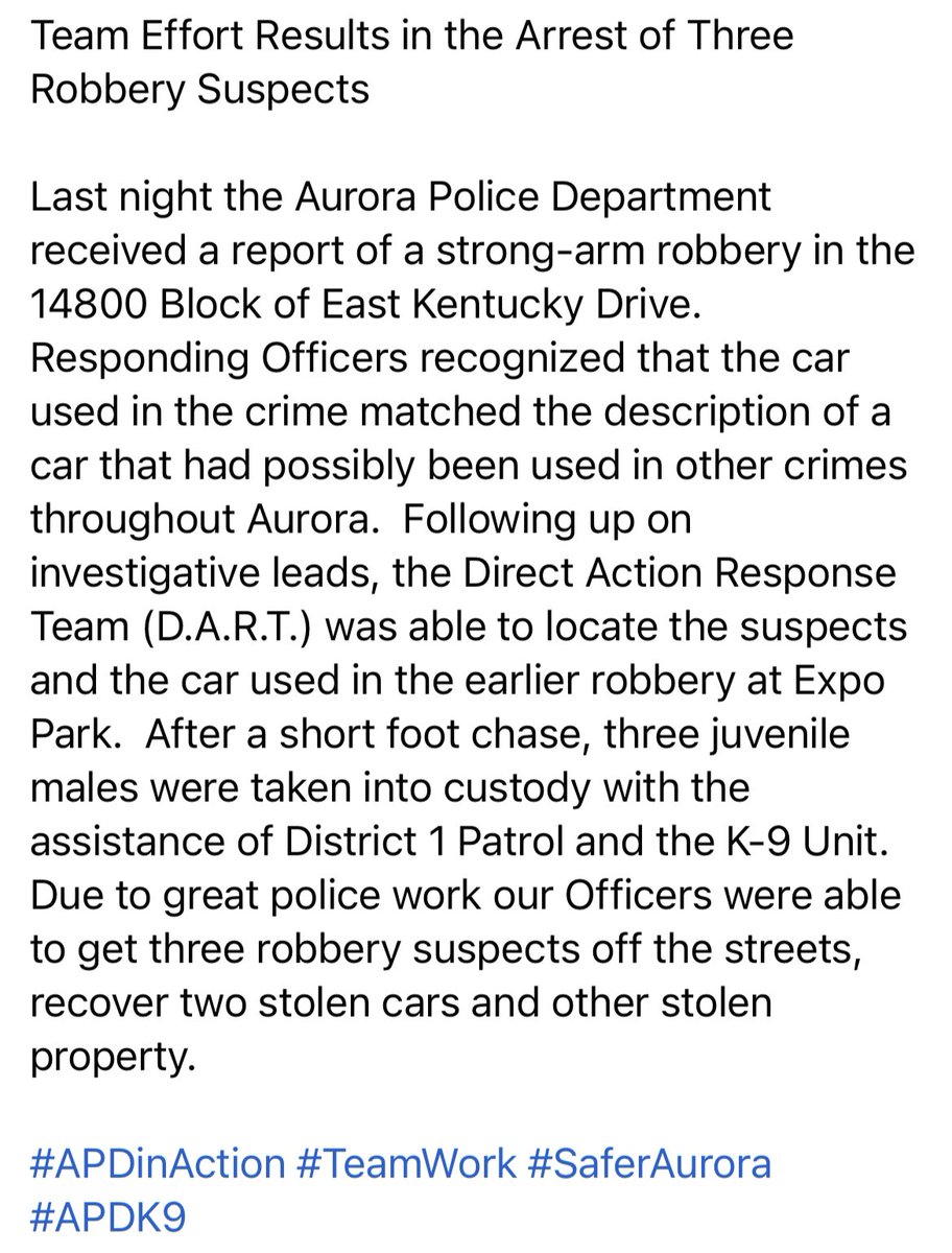 AuroraPD's tweet photo. #APDinAction: Team Effort Results in the Arrest of Three Robbery Suspects. #SaferAurora https://t.co/ArbSz9VXVS